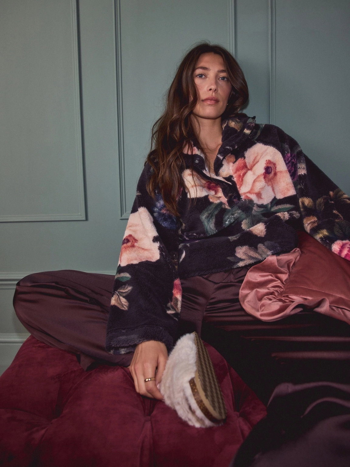 Black Floral Printed Borg Fleece Top